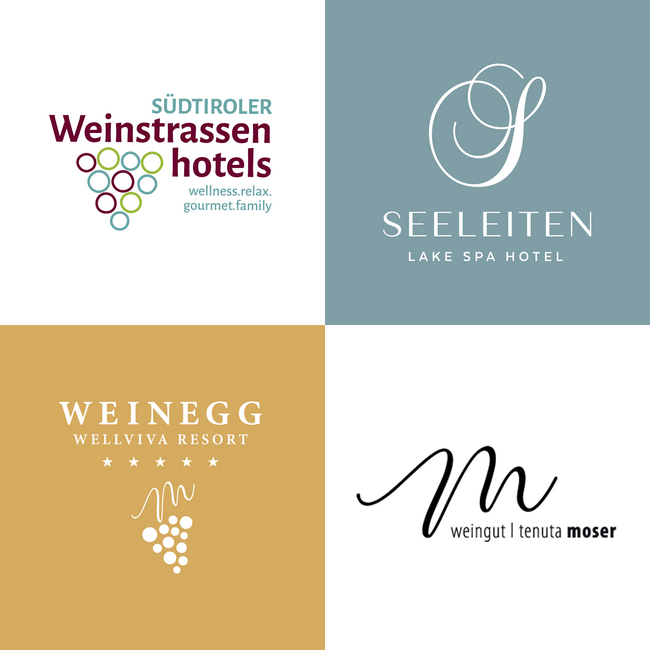 Hotel in Alto Adige a 4 stelle: i nostri partner Loghi di Südtiroler Weinstraßen Hotels, Seeleiten Lake Spa Hotel, Weinegg Wellviva Resort e Weingut Moser