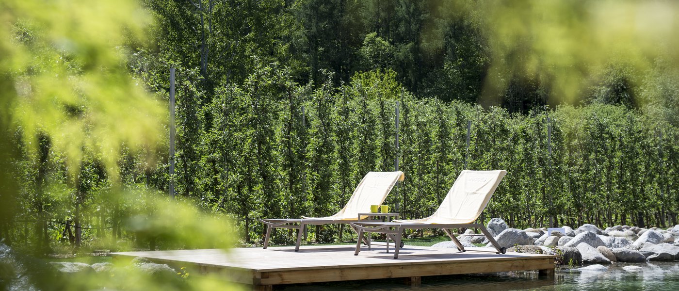 Urlaub in Südtirol im Hotel mit Pool am See Zwei Liegestühle auf Holzplattform am klaren Wasser umgeben von Bäumen