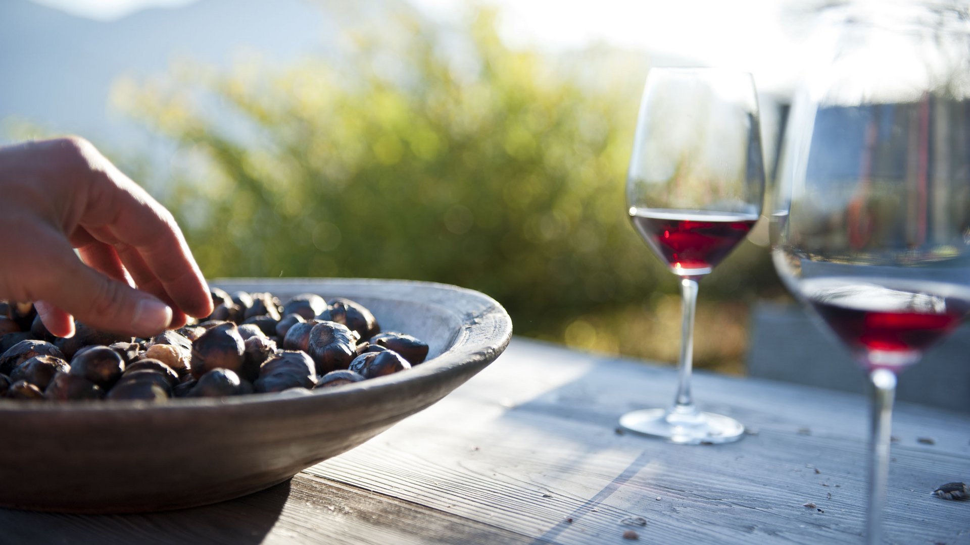 Hotels on Lago di Monticolo: South Tyrol awaits Hand picking hazelnuts from bowl, two glasses of red wine on outdoor wooden table