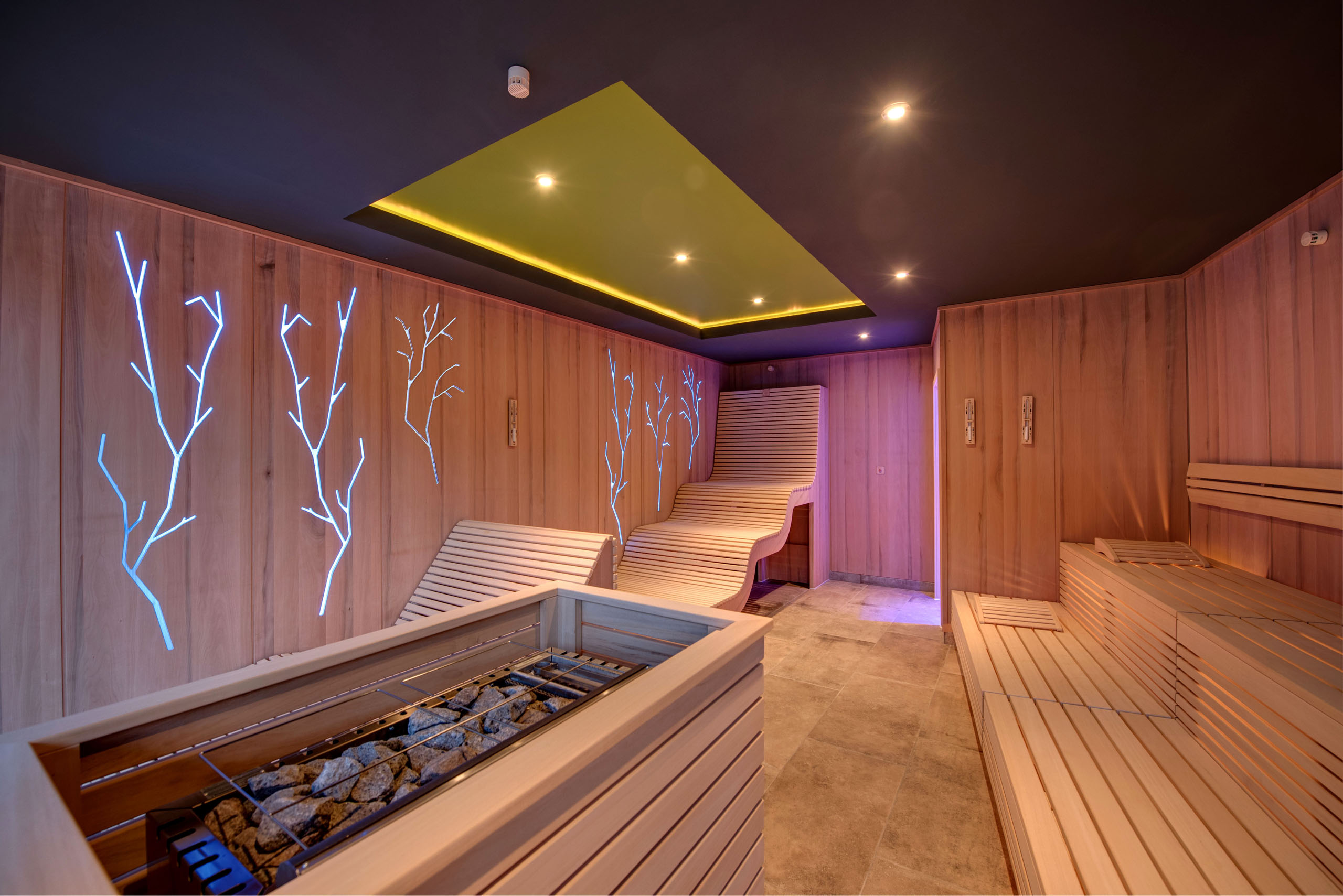 Hotel wellness in Alto Adige per soli adulti Sala sauna moderna con pareti in legno e design di alberi illuminati sulle pareti